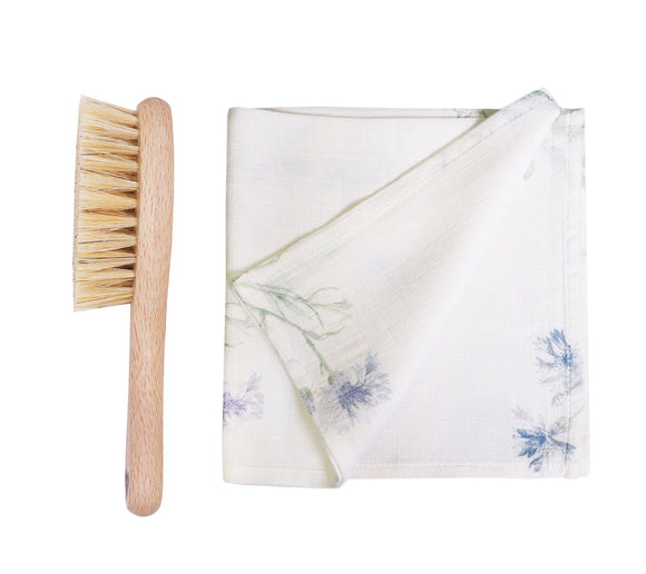 Cradle cap baby hairbrush & muslin washcloth - Herbs blue Brush Lullalove 