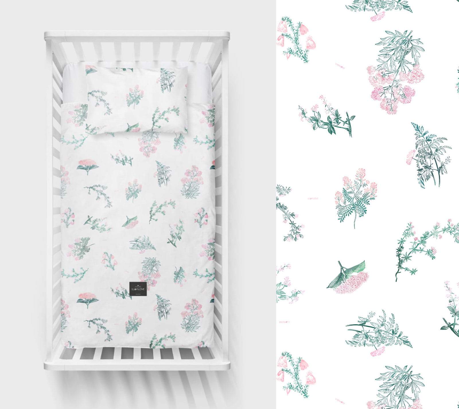 Herbs pink - Cot bed duvet cover and pillowcase set Bedding Lullalove UK 