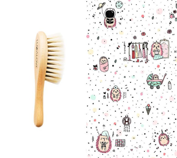 Soft baby hairbrush with goat's bristle & washcloth - Hedgehog pink Brush Lullalove 