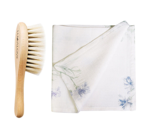 Soft baby hairbrush with goat's bristle & washcloth - Herbs blue Brush Lullalove 