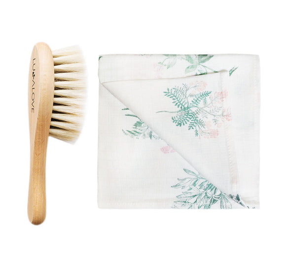 Soft baby hairbrush with goat's bristle & washcloth - Herbs pink Brush Lullalove 